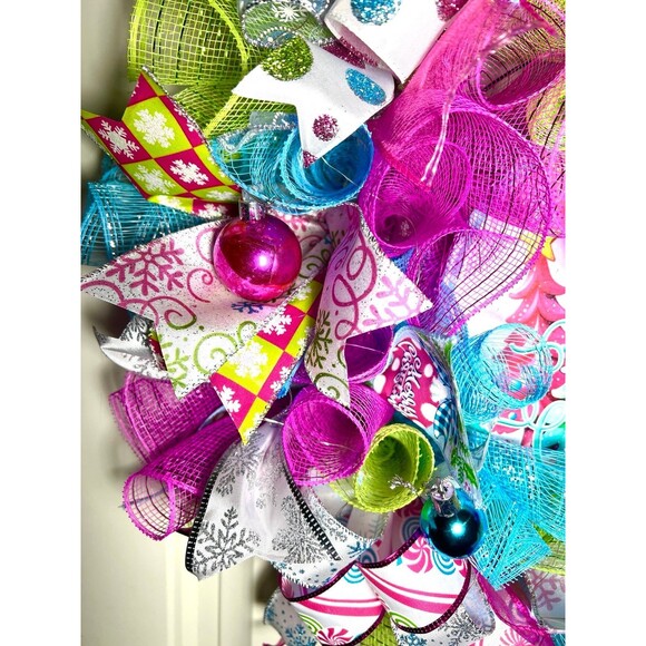Handmade Bright Merry Christmas Holiday Ribbon Door Wreath 22 ins W54 Pink Blue - Picture 7 of 9